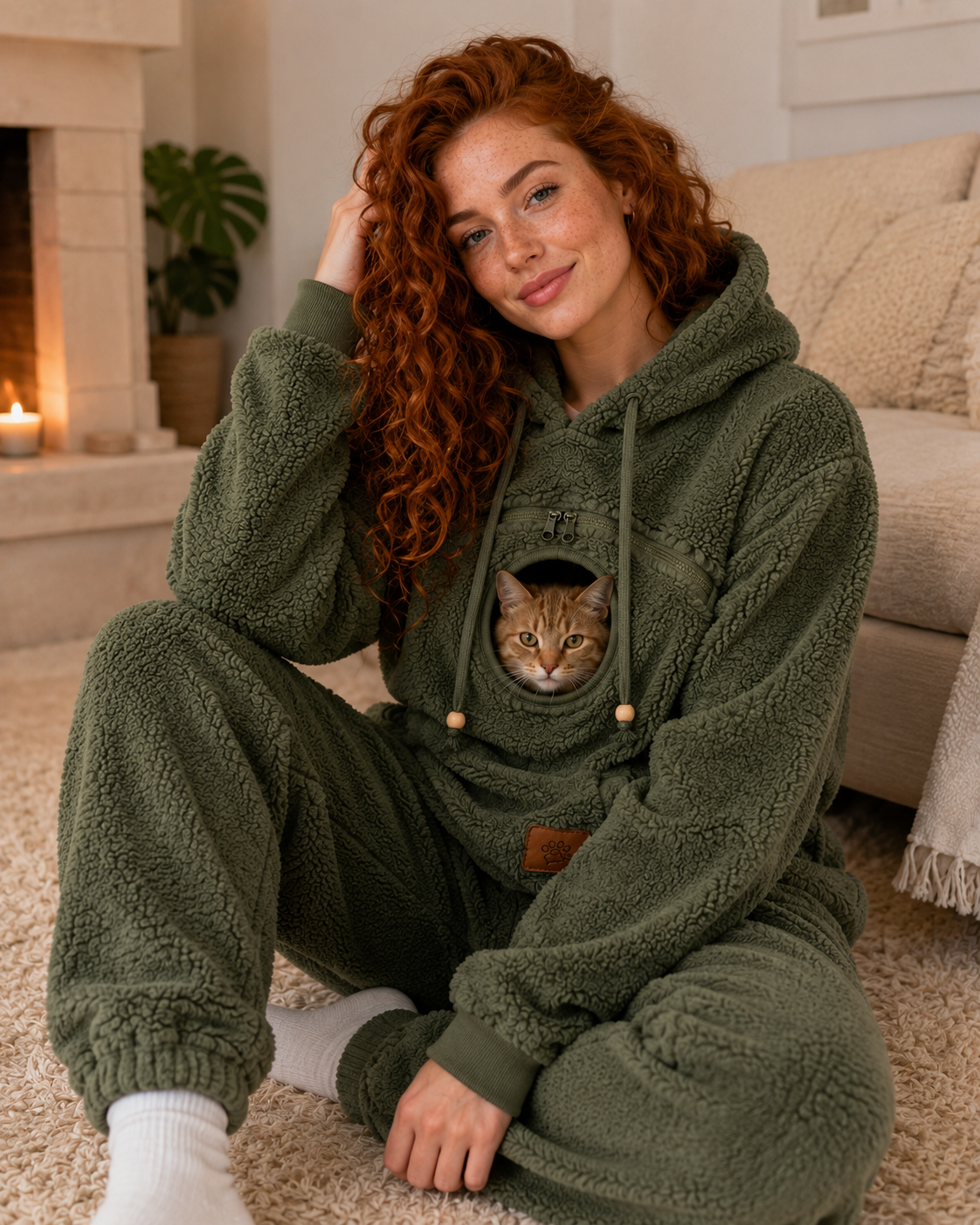 Woman by a fireplace in the olive CozyPaw hoodie with a cat in the chest pouch